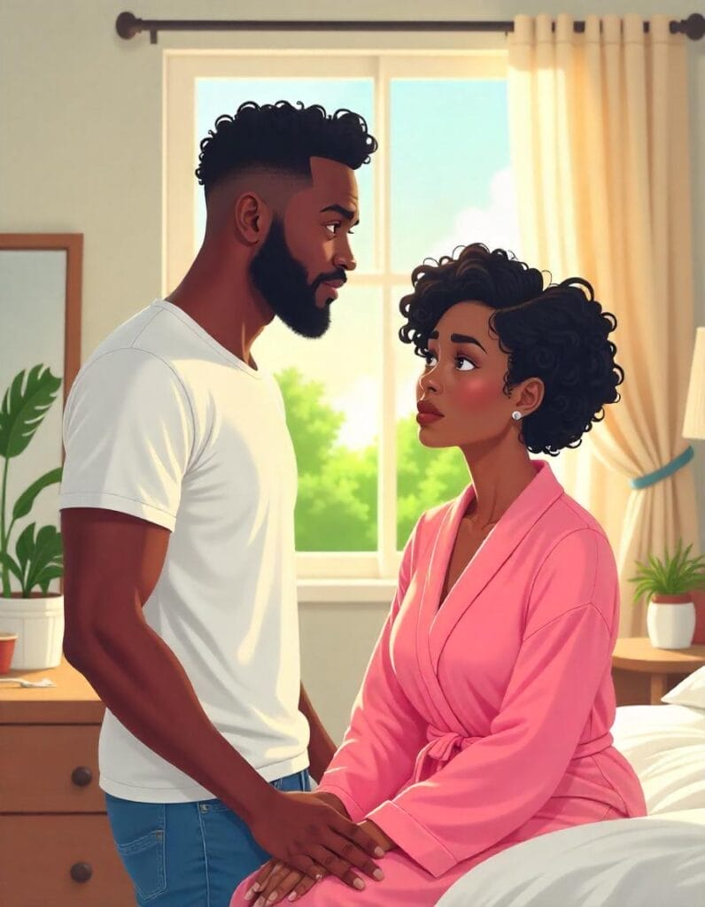 Ilustrasi pasangan suami istri yang terlihat canggung dan berjarak, dengan ekspresi wajah penuh kekhawatiran di kamar tidur.