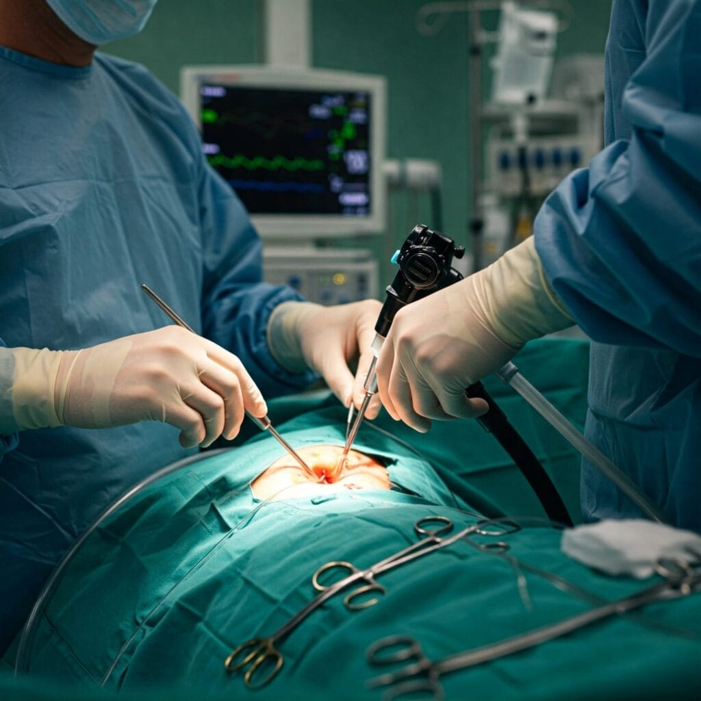 Seorang dokter spesialis urologi sedang melakukan prosedur Percutaneous Nephrolithotomy (PCNL) pada pasien dengan batu ginjal, menggunakan teknologi medis canggih.