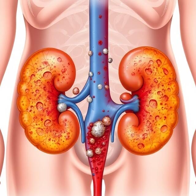 Ilustrasi sistem kemih yang menunjukkan infeksi parah dengan tanda-tanda pembentukan batu ginjal, termasuk saluran urine yang mengalami peradangan.
