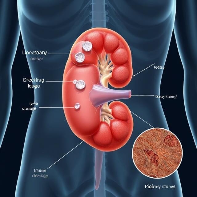 Ilustrasi ginjal manusia yang menunjukkan efek dehidrasi, termasuk pembentukan batu ginjal dan kerusakan jaringan akibat kurangnya cairan.