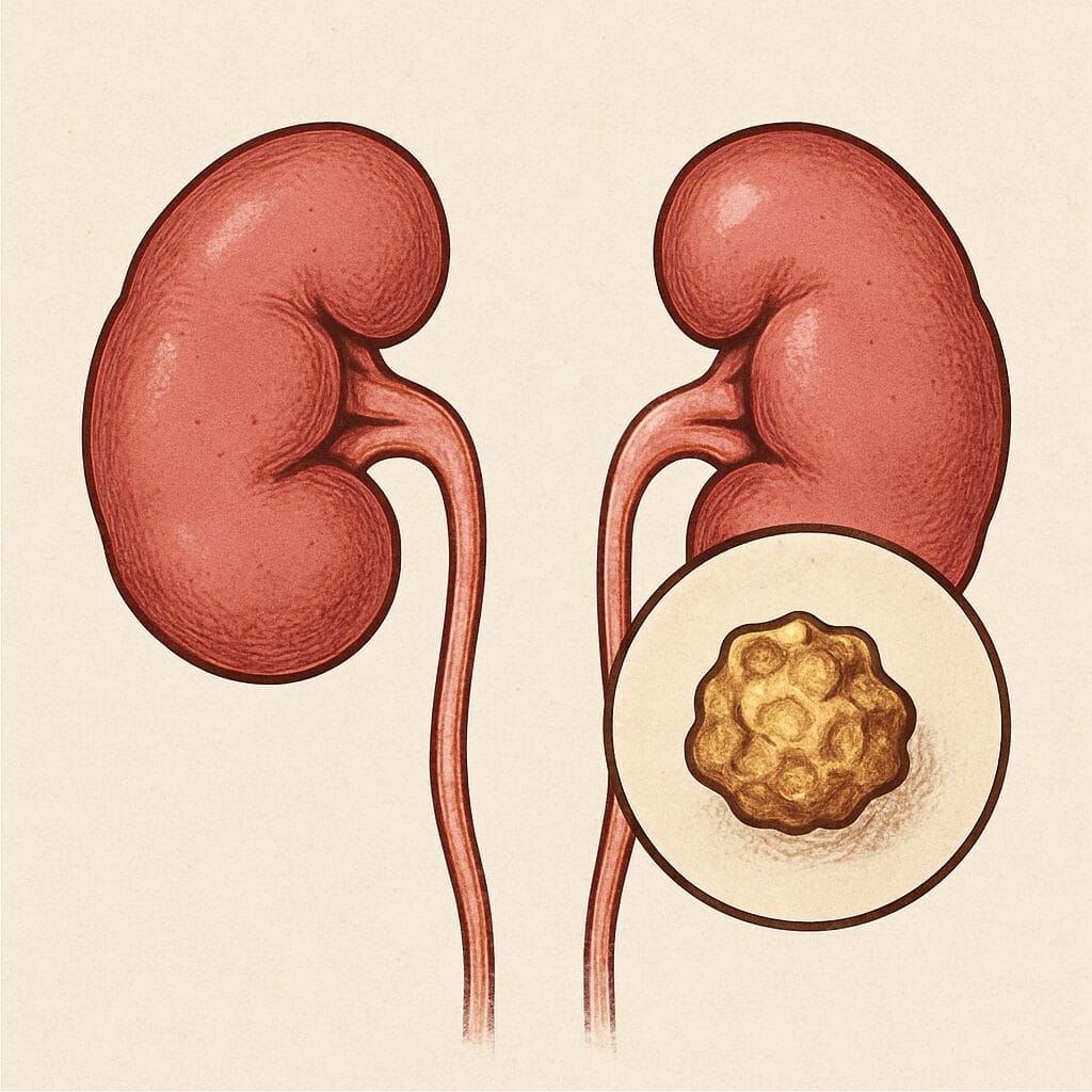 Ilustrasi dua ginjal dengan tampilan yang diperbesar menunjukkan batu ginjal kecil, menyoroti bagaimana batu ginjal kecil pun bisa berbahaya.
