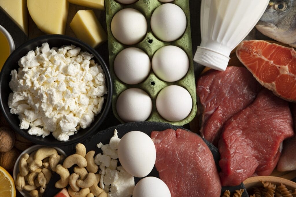 Berbagai makanan kaya protein, termasuk telur, keju, susu, daging mentah, ikan, kacang mede, kenari, dan semangkuk keju cottage disusun bersama sebagai sumber protein hewani.