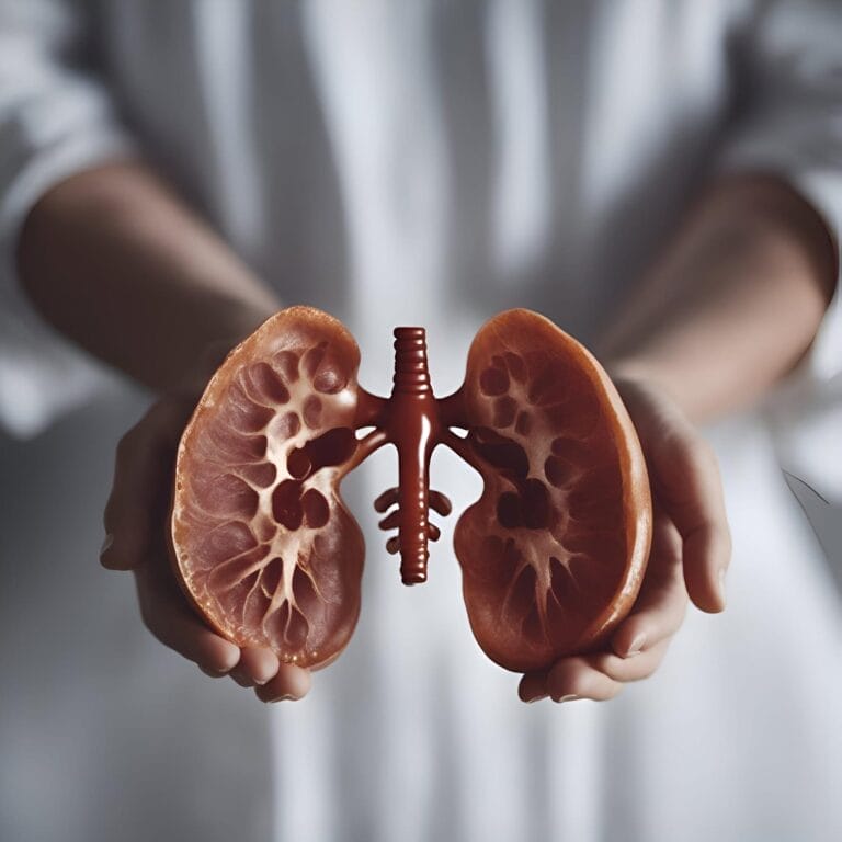 Seseorang memegang model ginjal dan ureter manusia yang realistis, menyoroti bagaimana faktor genetik dapat berperan dalam kondisi seperti batu ginjal, dengan model yang ditampilkan dengan jelas dengan latar belakang netral.