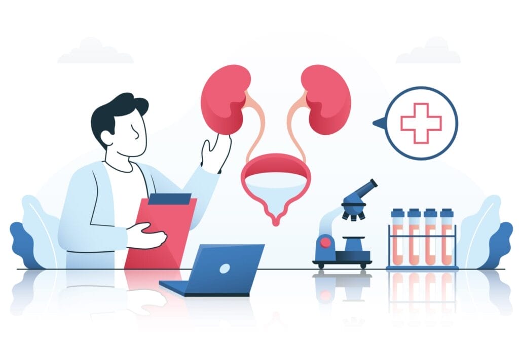 Ilustrasi dokter yang memegang papan klip, memeriksa ginjal dan sistem kemih dengan ikon medis, laptop, mikroskop, dan tabung reaksi di dekatnya—menyoroti pentingnya memahami risiko eswl selama perawatan.