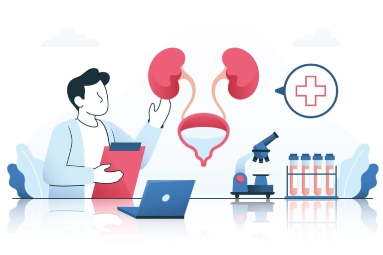 Ilustrasi dokter yang memegang papan klip, memeriksa ginjal dan sistem kemih dengan ikon medis, laptop, mikroskop, dan tabung reaksi di dekatnya—menyoroti pentingnya memahami risiko eswl selama perawatan.
