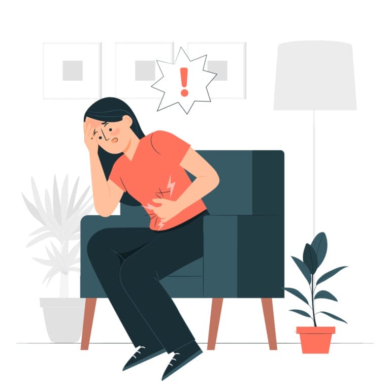 Ilustrasi seorang wanita duduk di kursi sambil memegangi perutnya yang sakit, dengan tanda seru merah di atas kepalanya, menandakan ketidaknyamanan atau penyakit—mungkin akibat penyebab obstruksi saluran kemih seperti batu ginjal.
