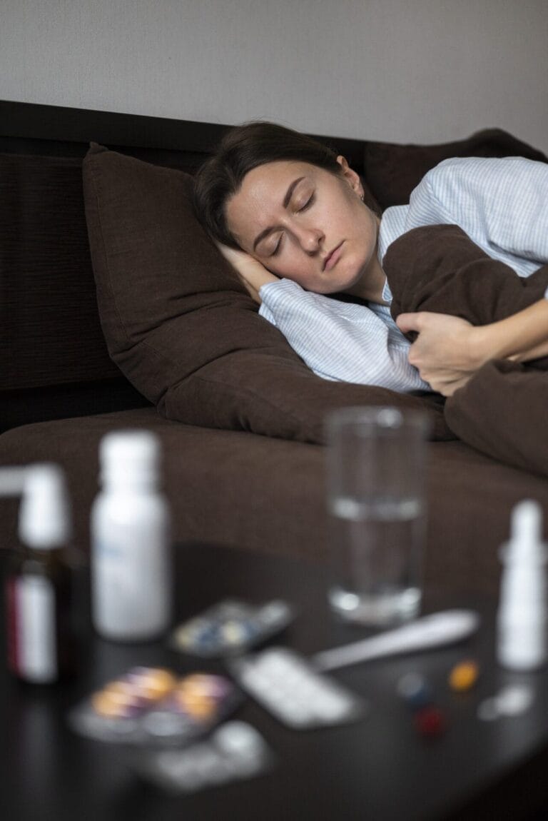 Seseorang berbaring di tempat tidur, ditutupi selimut cokelat. di meja samping tempat tidur terdapat berbagai obat, segelas air, dan botol obat, yang menunjukkan perawatan yang cermat setelah eswl mengikuti prosedur eswl.