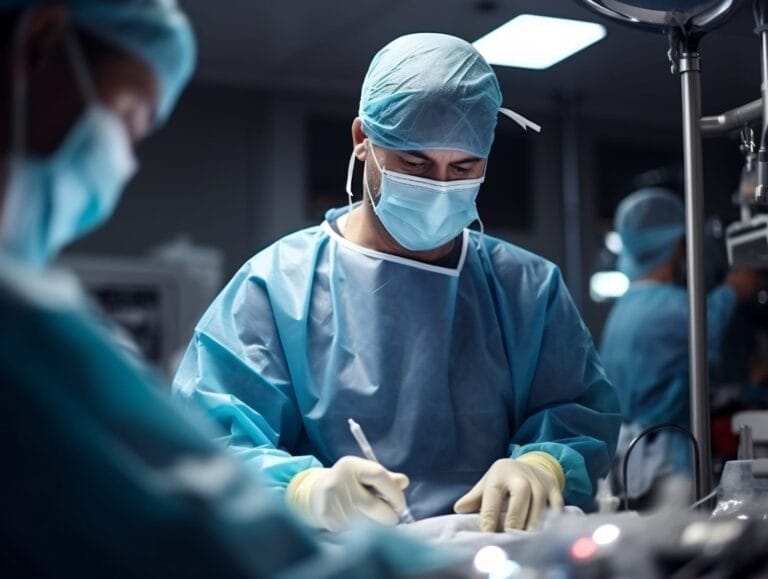 dokter spesialis bedah sedang melakukan prosedur laparoskopi ginjal di ruang operasi rumah sakit
