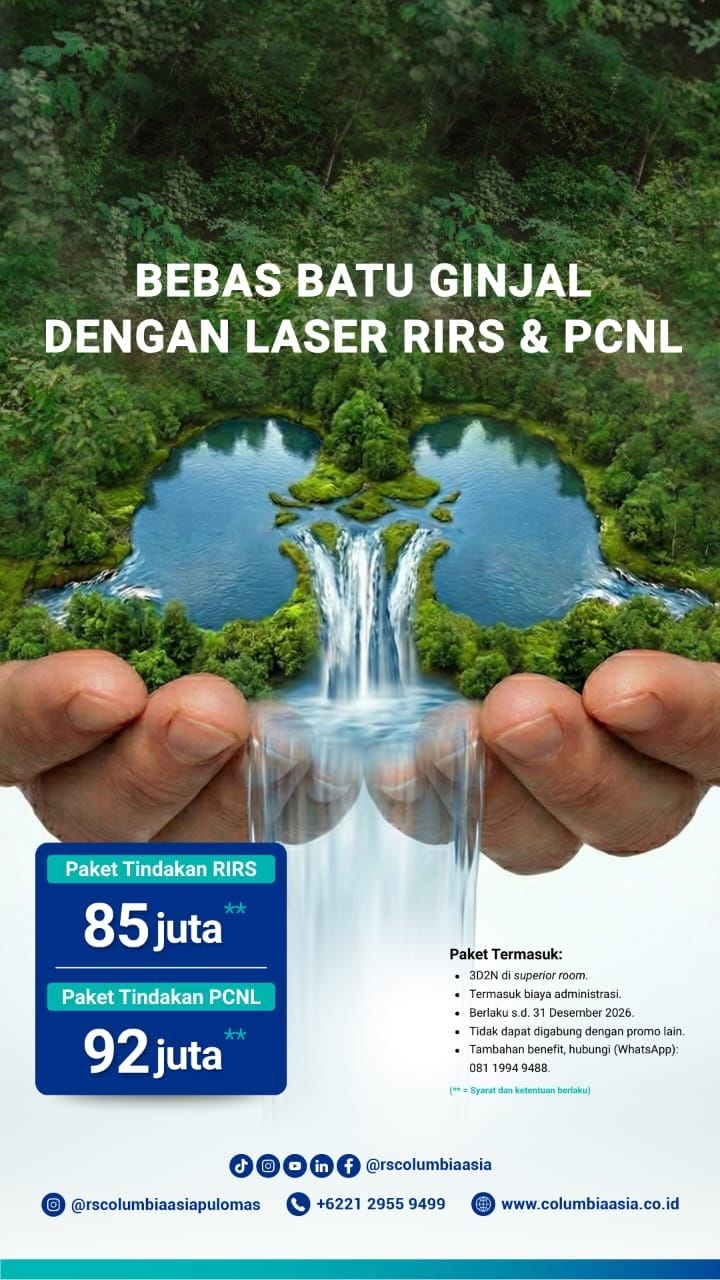 Poster promosi untuk pengobatan batu ginjal dengan Promo RIRS Laser Batu Ginjal dan PCNL, yang menampilkan gambar air terjun, harga paket, inklusi, info kontak, dan media sosial rumah sakit.