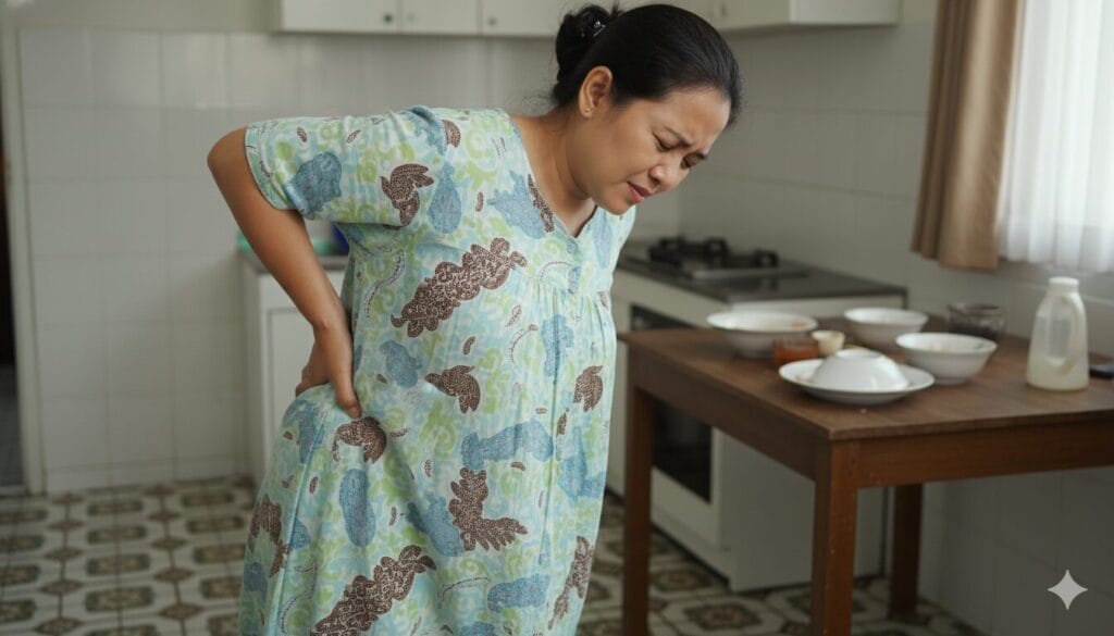 Seorang wanita dengan gaun bermotif berdiri di dapur, memegangi punggung bawahnya dan tampak kesakitan kemungkinan gejala batu ginjal.