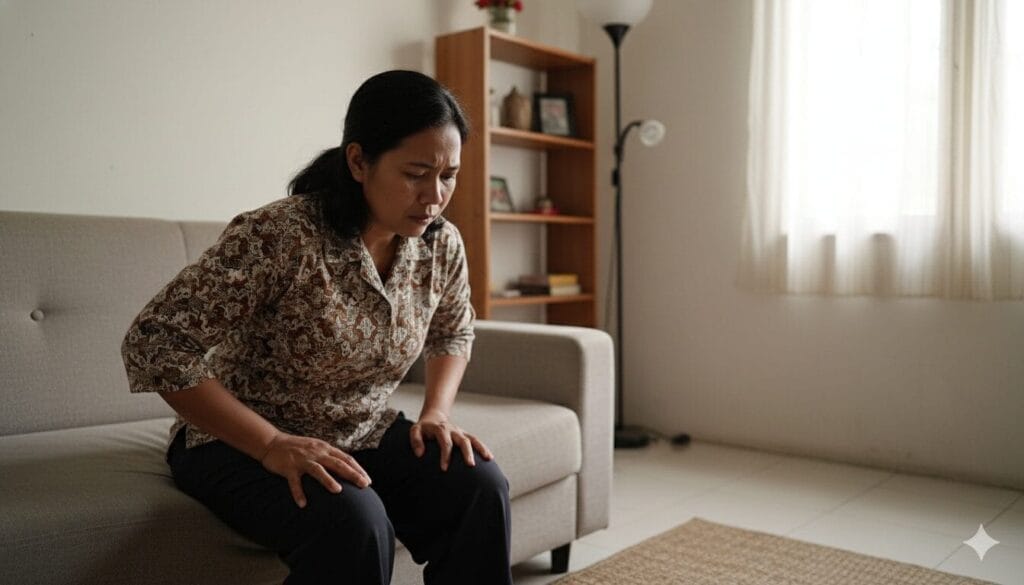Seorang wanita duduk di sofa, mencondongkan tubuh ke depan dan tampak mengalami ketidaknyamanan di ruang tamu yang cukup terang mungkin karena masalah kandung kemih atau penyebab sistitis.