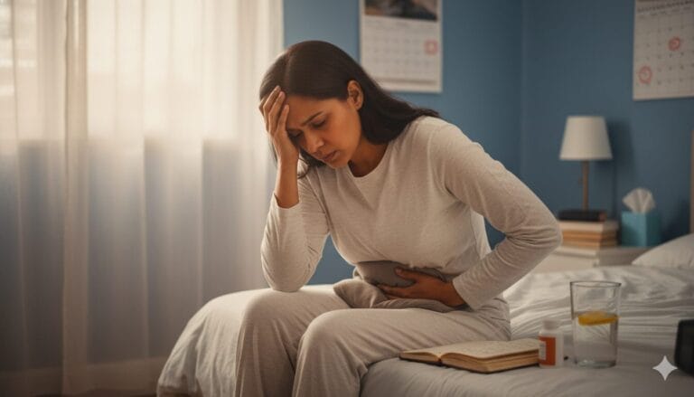 Seorang wanita duduk di tempat tidur sambil memegangi perut dan kepalanya, tampak kesakitan tanda tanda yang sering dikaitkan dengan masalah kandung kemih seperti sistitis interstisial. Segelas air dengan lemon dan sebuah buku terbuka ada di meja samping tempat tidur.