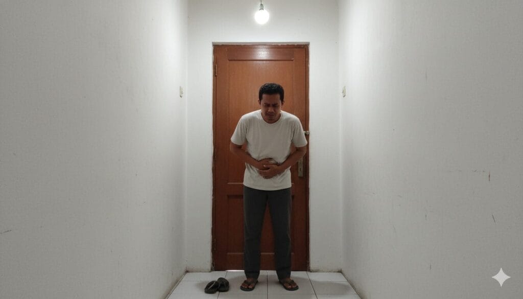 Seorang pria berdiri di sebuah lorong sambil memegangi perutnya yang terasa tidak nyaman, mungkin mengalami gejala anyang anyangan, menghadap pintu kayu yang tertutup di bawah lampu langit langit, dengan sandal di lantai di sampingnya.