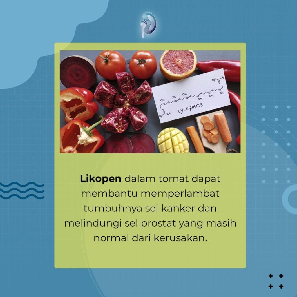 Beraneka ragam buah dan sayuran, termasuk tomat, delima, dan paprika, mengelilingi kartu berlabel "Likopen" dengan latar belakang biru dengan kotak teks informasi, yang mengilustrasikan Konsep Otomatis di balik makanan kaya nutrisi.