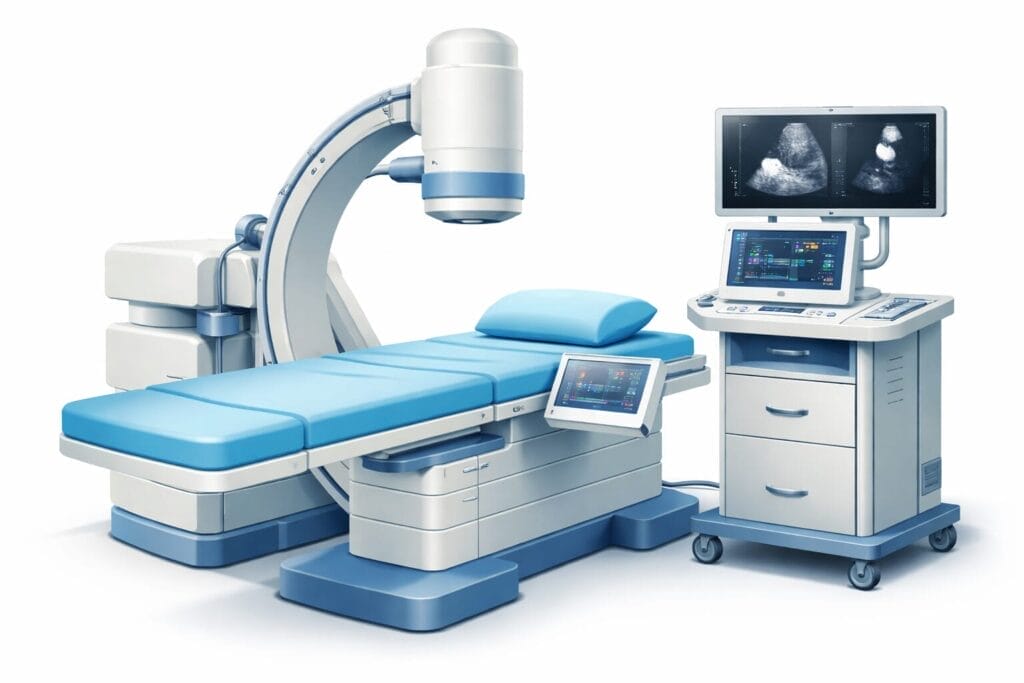 Pengaturan mesin pencitraan medis modern dengan meja pemeriksaan, panel kontrol, dan monitor yang menampilkan gambar ultrasound, yang menampilkan sistem Konsep Otomatis dalam lingkungan klinis.