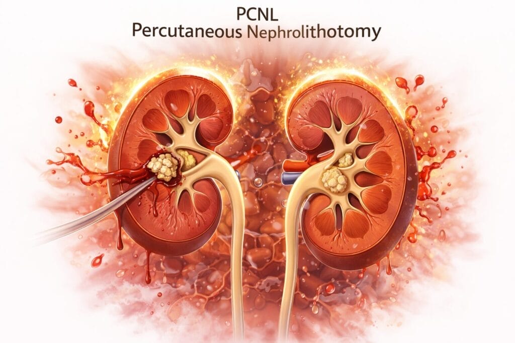 Ilustrasi medis yang menunjukkan dua ginjal, satu menjalani percutaneous nephrolithotomy (PCNL) untuk mengangkat batu ginjal, dengan teks berlabel Konsep Otomatis di atasnya.