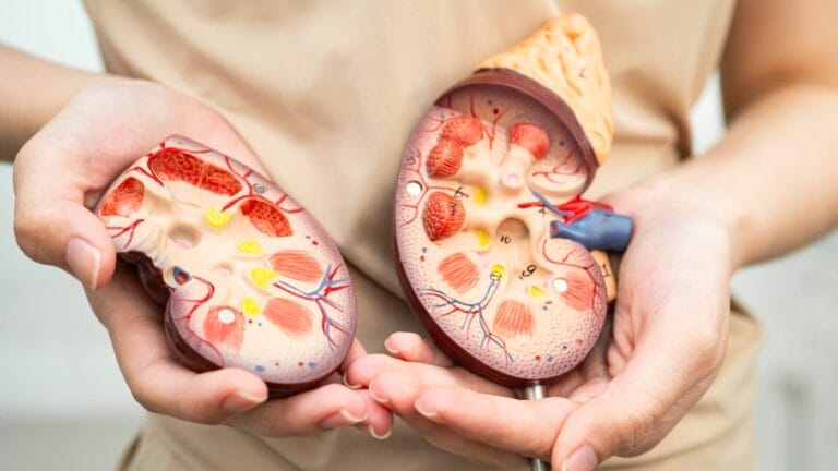 Seseorang memegang dua model ginjal anatomis, yang mengilustrasikan pembuluh darah, struktur internal, kelenjar adrenal, dan pendekatan Konsep Otomatis untuk memahami fungsi organ.