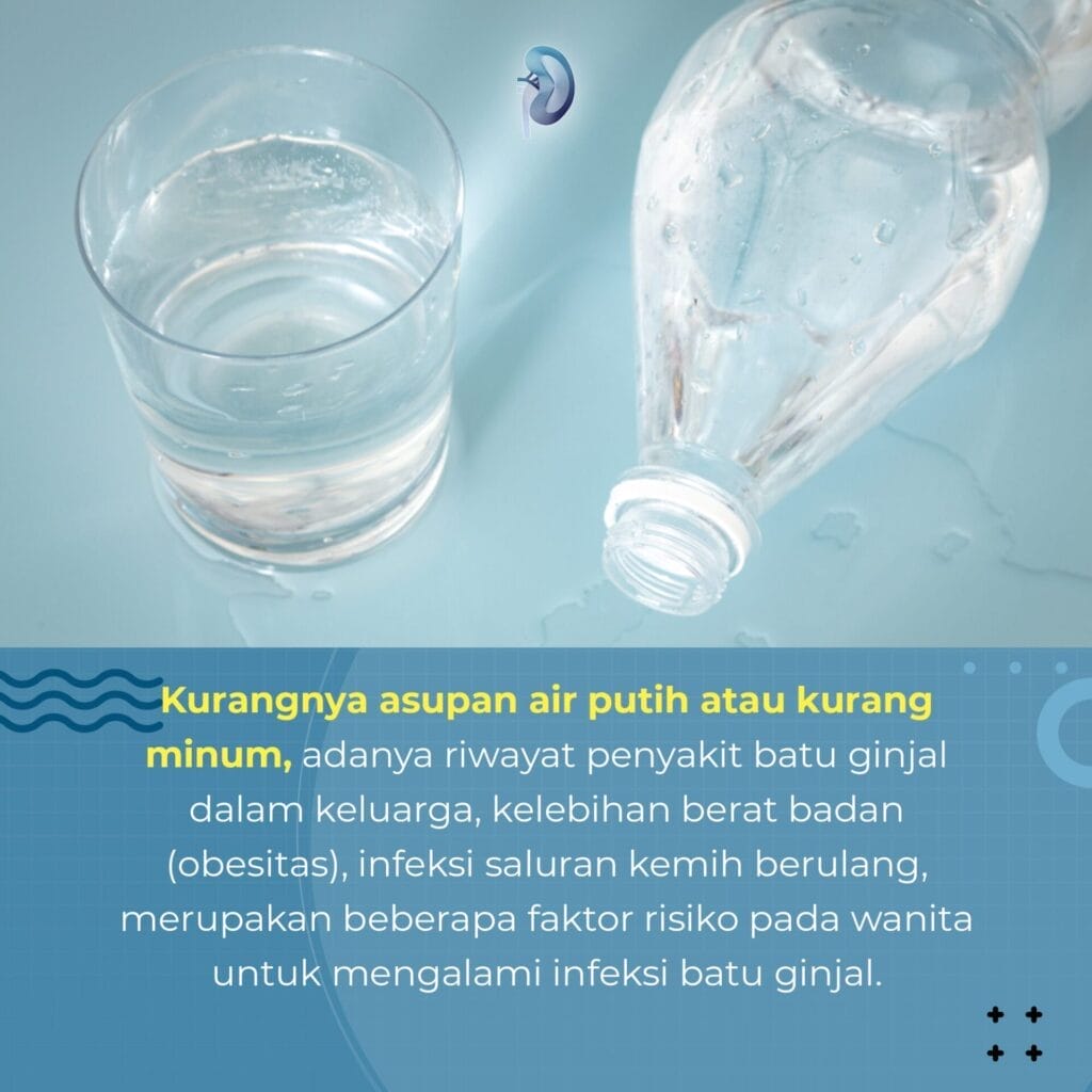 Sebuah botol plastik yang menuangkan air ke dalam gelas, disertai teks berbahasa Indonesia tentang faktor risiko infeksi ginjal pada wanita dengan mengusung konsep otomatis yang memudahkan pemahaman.