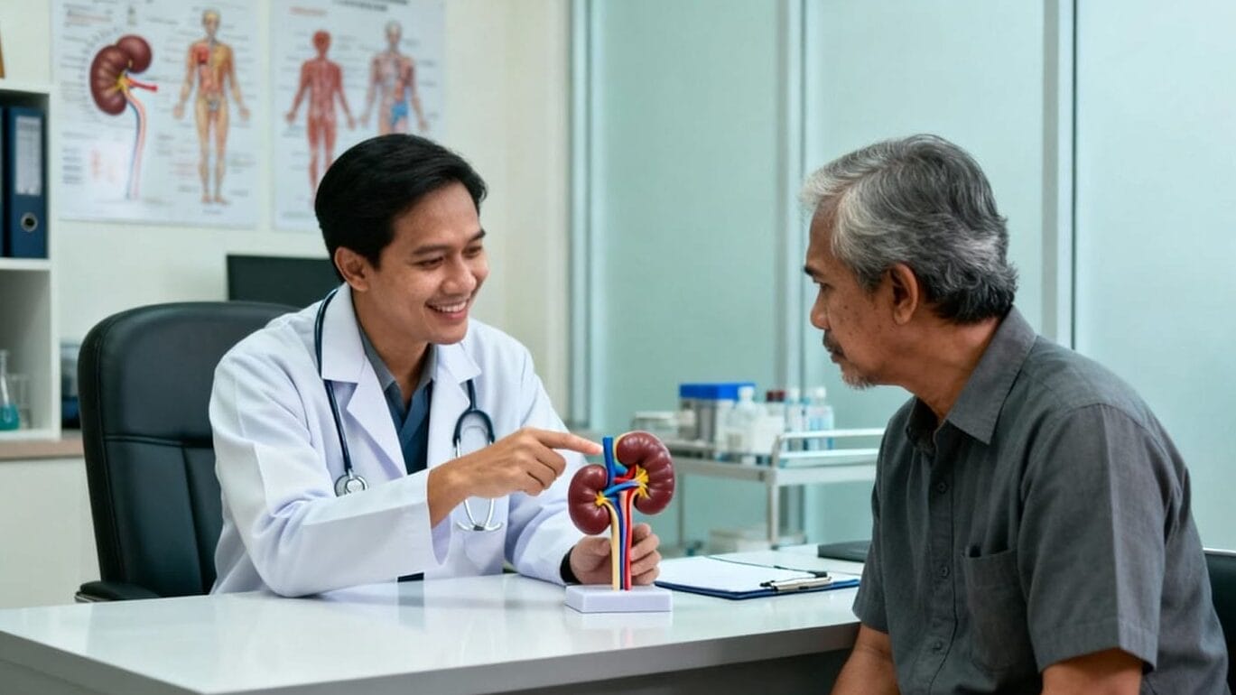 Seorang dokter menjelaskan anatomi ginjal kepada seorang pasien pria yang sedang duduk menggunakan model ginjal di sebuah kantor medis, yang mengilustrasikan Konsep Otomatis agar lebih mudah dipahami.