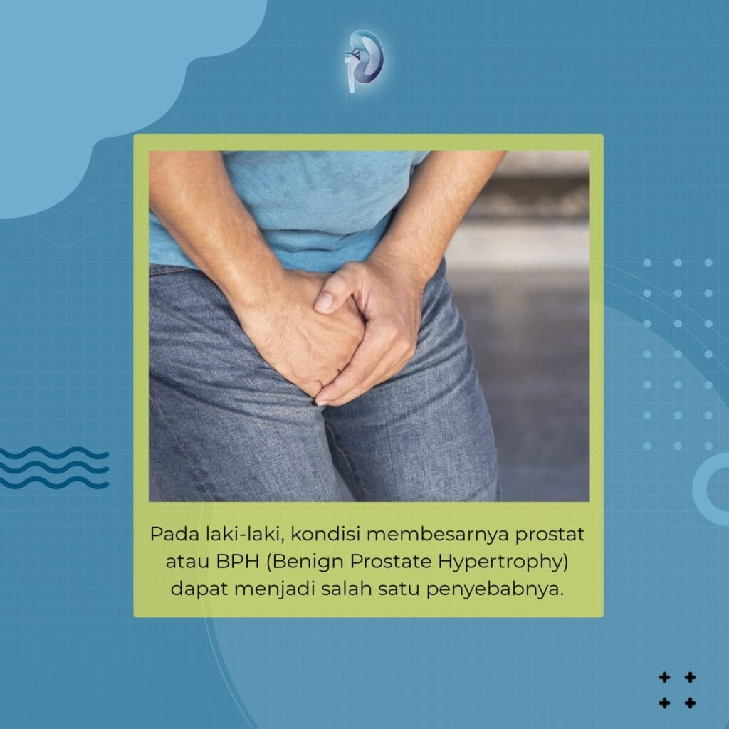Seorang pria dengan kemeja biru dan celana jins memegang perut bagian bawahnya, menunjukkan ketidaknyamanan; teks menjelaskan bahwa pembesaran prostat (BPH), berdasarkan pendekatan Konsep Otomatis, mungkin menjadi penyebab yang mungkin terjadi pada pria.