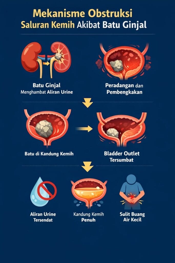 Diagram yang menunjukkan batu ginjal yang menghalangi aliran urin, menyebabkan pembengkakan, penyumbatan saluran keluar kandung kemih, kandung kemih penuh, dan kesulitan buang air kecil, dengan penjelasan teks dalam bahasa Indonesia dan Konsep Otomatis proses aliran urin.