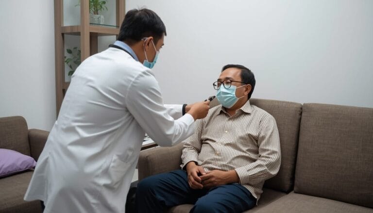 Seorang dokter berjas putih memeriksa seorang pasien yang sedang duduk, keduanya mengenakan masker wajah, mendiskusikan kontrol saluran kemih di sebuah kantor medis dengan latar belakang sofa dan rak rak.