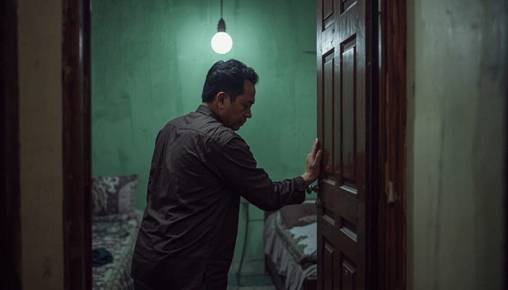 Seorang pria berdiri di sebuah ruangan remang remang dengan dinding hijau, satu tangan di pintu, tampak seperti hendak membuka atau menutup pintu sebuah pemandangan menarik yang mengisyaratkan konsep gerakan otomatis. Sebuah tempat tidur berada di latar belakang di bawah bola lampu yang menggantung.