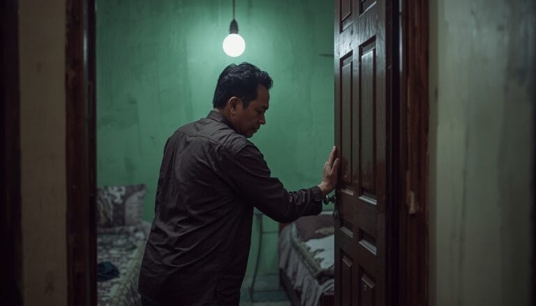 Seorang pria berdiri di sebuah ruangan remang remang dengan dinding hijau, satu tangan di pintu, tampak seperti hendak membuka atau menutup pintu sebuah pemandangan menarik yang mengisyaratkan konsep gerakan otomatis. Sebuah tempat tidur berada di latar belakang di bawah bola lampu yang menggantung.