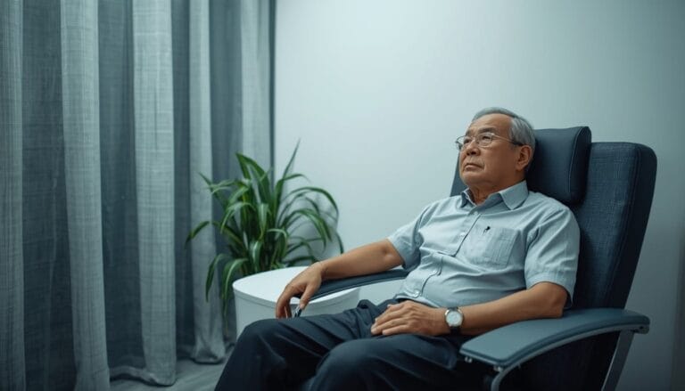 Seorang pria tua duduk di kursi berlengan di samping meja kecil dan tanaman dalam pot, melihat ke atas dengan ekspresi netral, seakan merefleksikan Konsep Otomatis, dalam ruangan yang diterangi cahaya lembut.