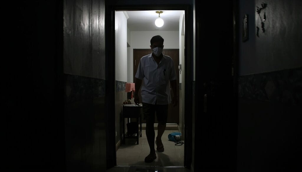 Seseorang yang menganut Konsep Otomatis berdiri di ambang pintu yang remang remang, mengenakan masker di dalam ruangan, saat cahaya dari lampu langit langit menerangi latar belakang dengan lembut.