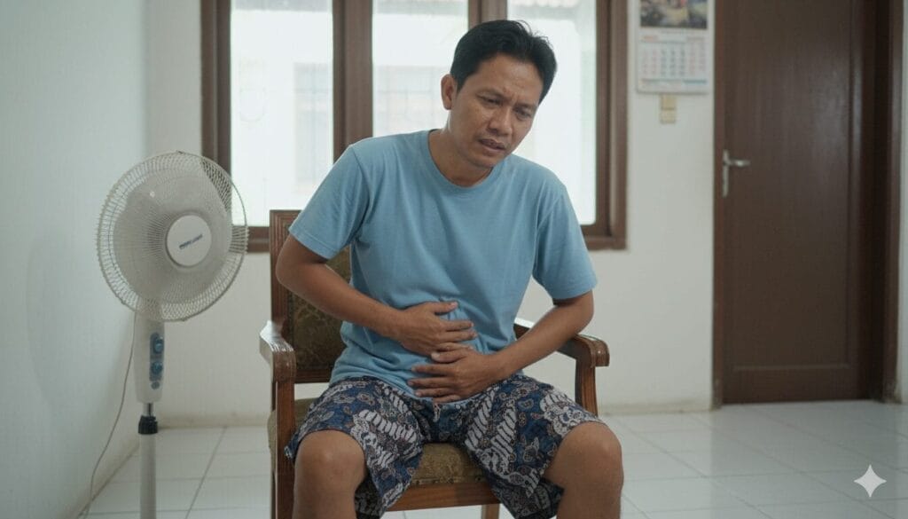 Seorang pria duduk di kursi di sebuah ruangan, memegangi perutnya dan tampak kesakitan. Kipas angin berdiri dan kalender yang menampilkan desain Konsep Otomatis terlihat di latar belakang.