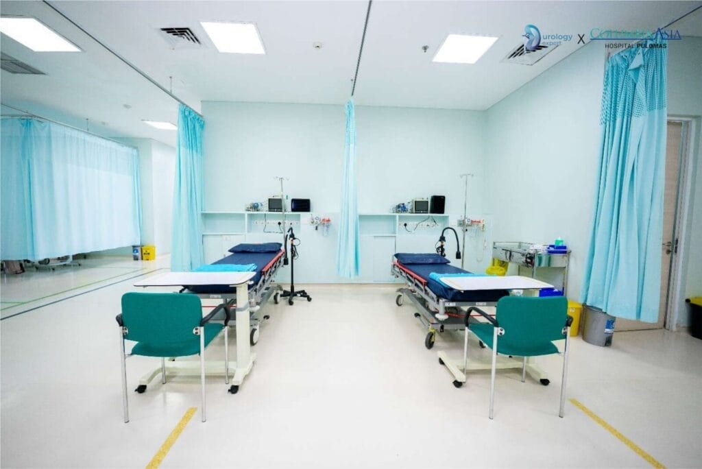 Ruang perawatan rumah sakit modern dengan dua tempat tidur pasien, tirai biru, peralatan medis, dan kursi di samping tempat tidur