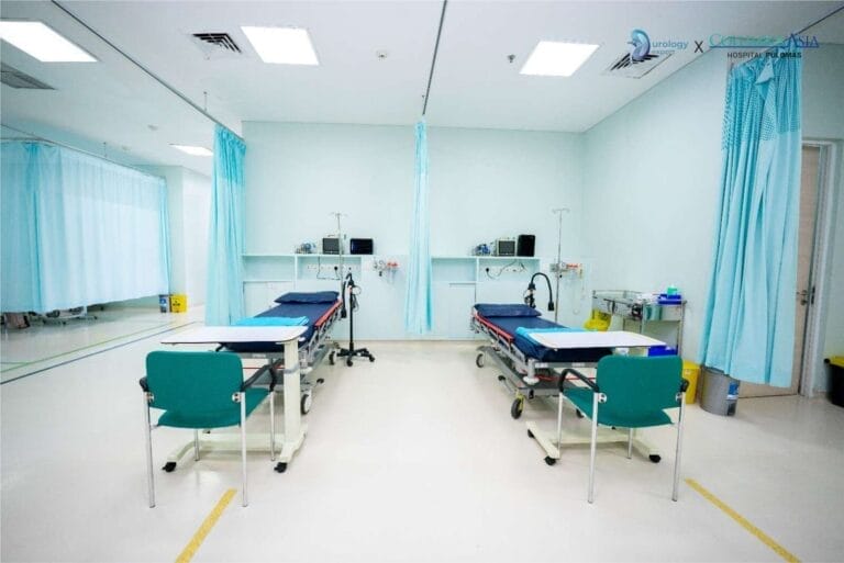 Ruang perawatan rumah sakit modern dengan dua tempat tidur pasien, tirai biru, peralatan medis, dan kursi di samping tempat tidur